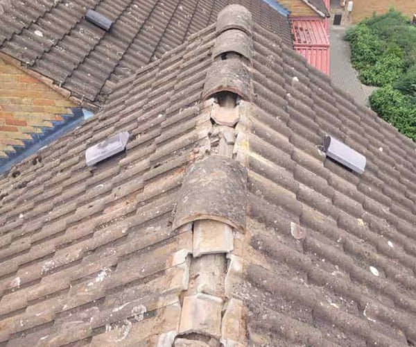 This is a photo if a roof ridge which has missing tiles. The ridge tiles are being replaced by BN Roofing Letchworth Garden City